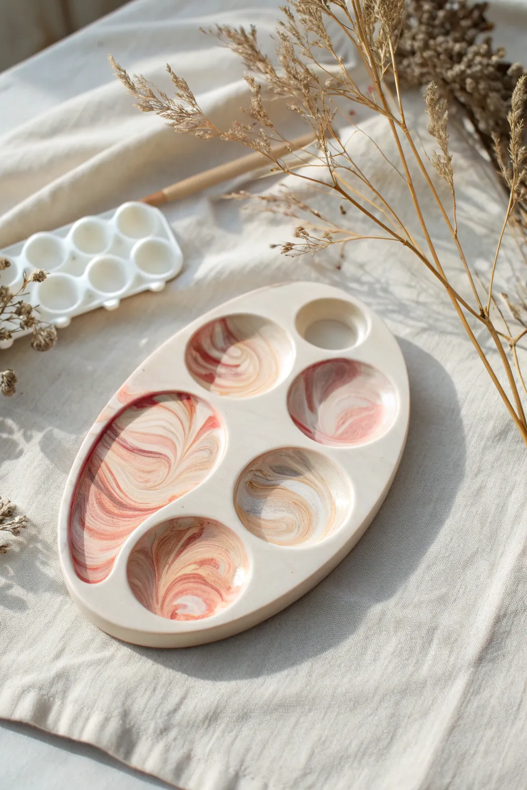 Marbled polymer clay palette with glossy finish and soft wells, minimalist Scandinavian boho look