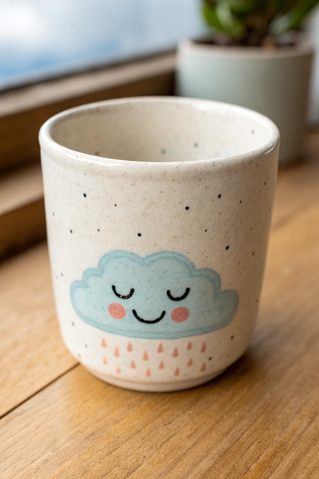 Whimsical smiley cloud mug in soft pastel tones, perfect clay painting inspiration.