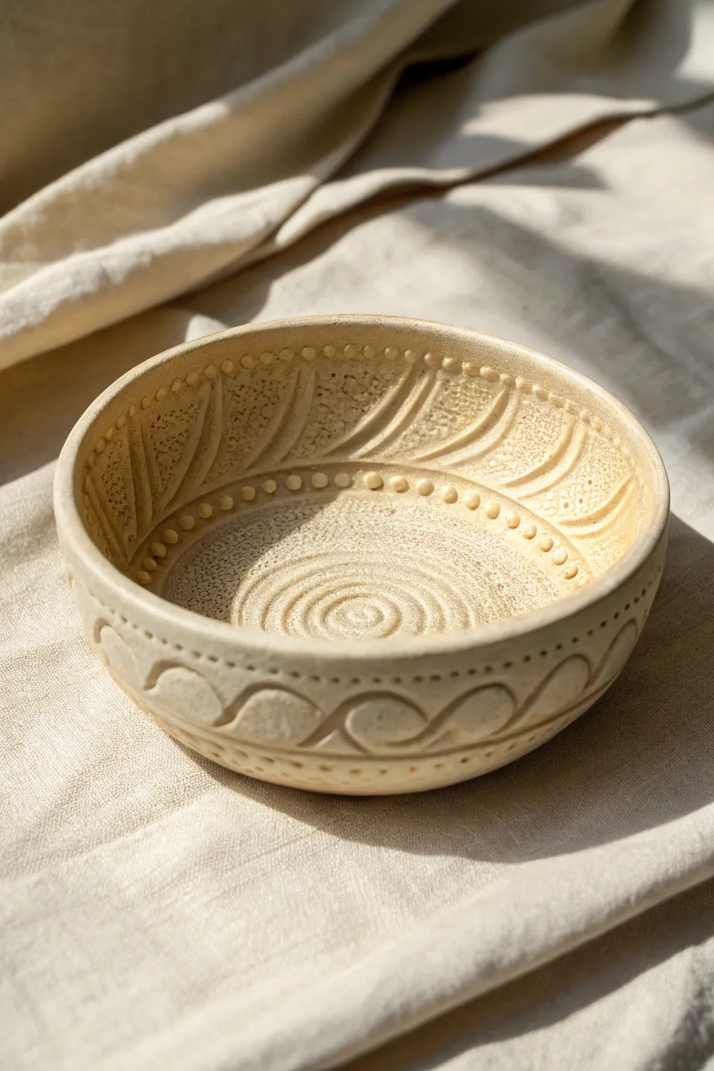 Raised slip-trail doodles add tactile charm to a minimalist trinket dish in soft side light.