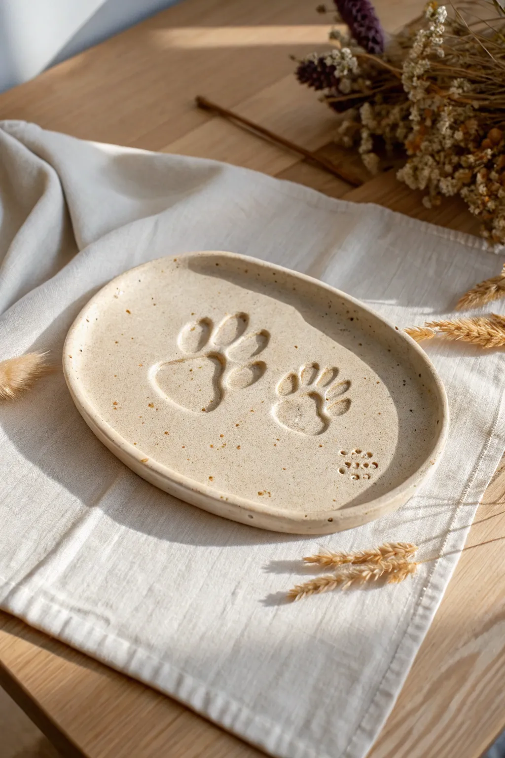 Simple oval clay plaque with two side by side paw prints, minimalist and keepsake ready
