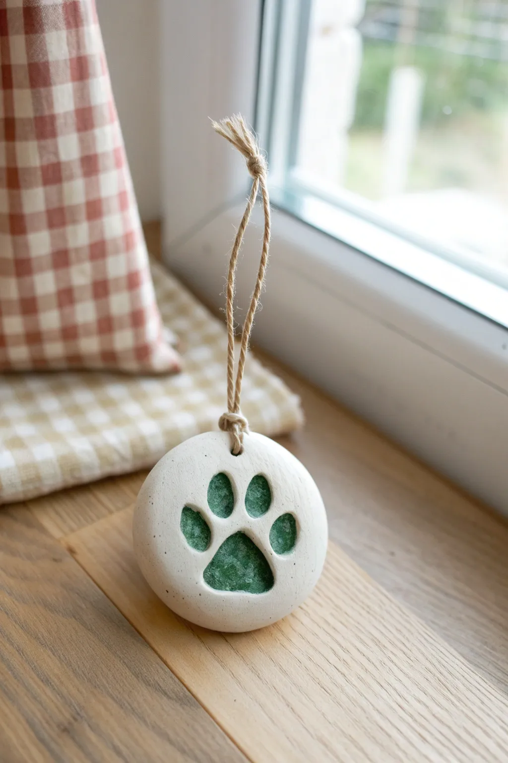 Simple gingham backdrop and bold paw print fill for a chic, cozy clay ornament.