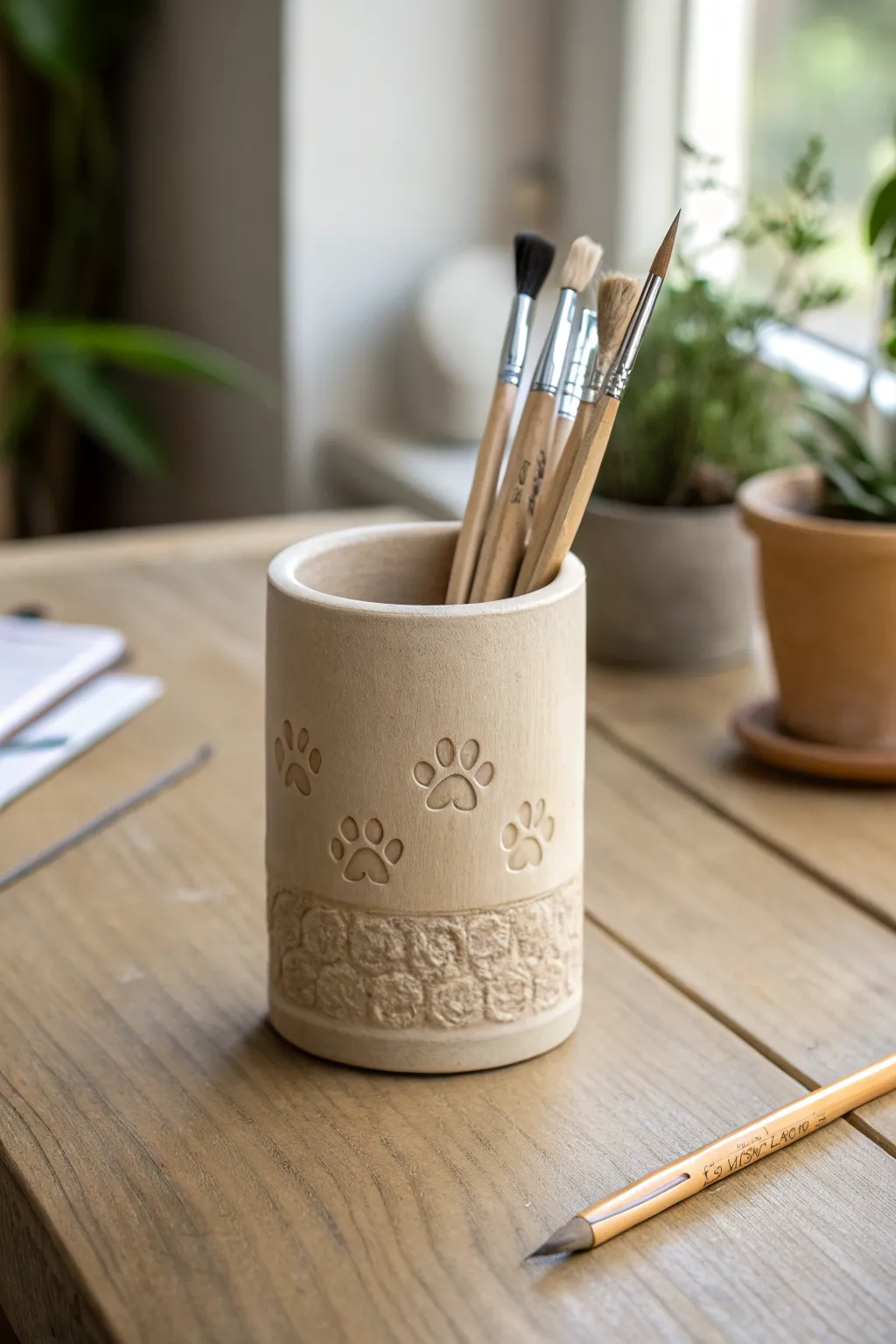 Minimal paw-wrap ceramic pen holder idea, cozy Scandinavian style with a playful handmade touch.