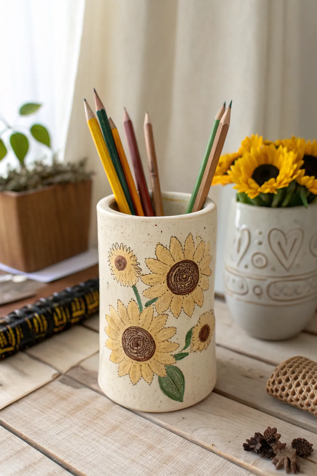 Sunny beginner friendly sunflower wrap pencil holder that brightens your desk with handmade charm