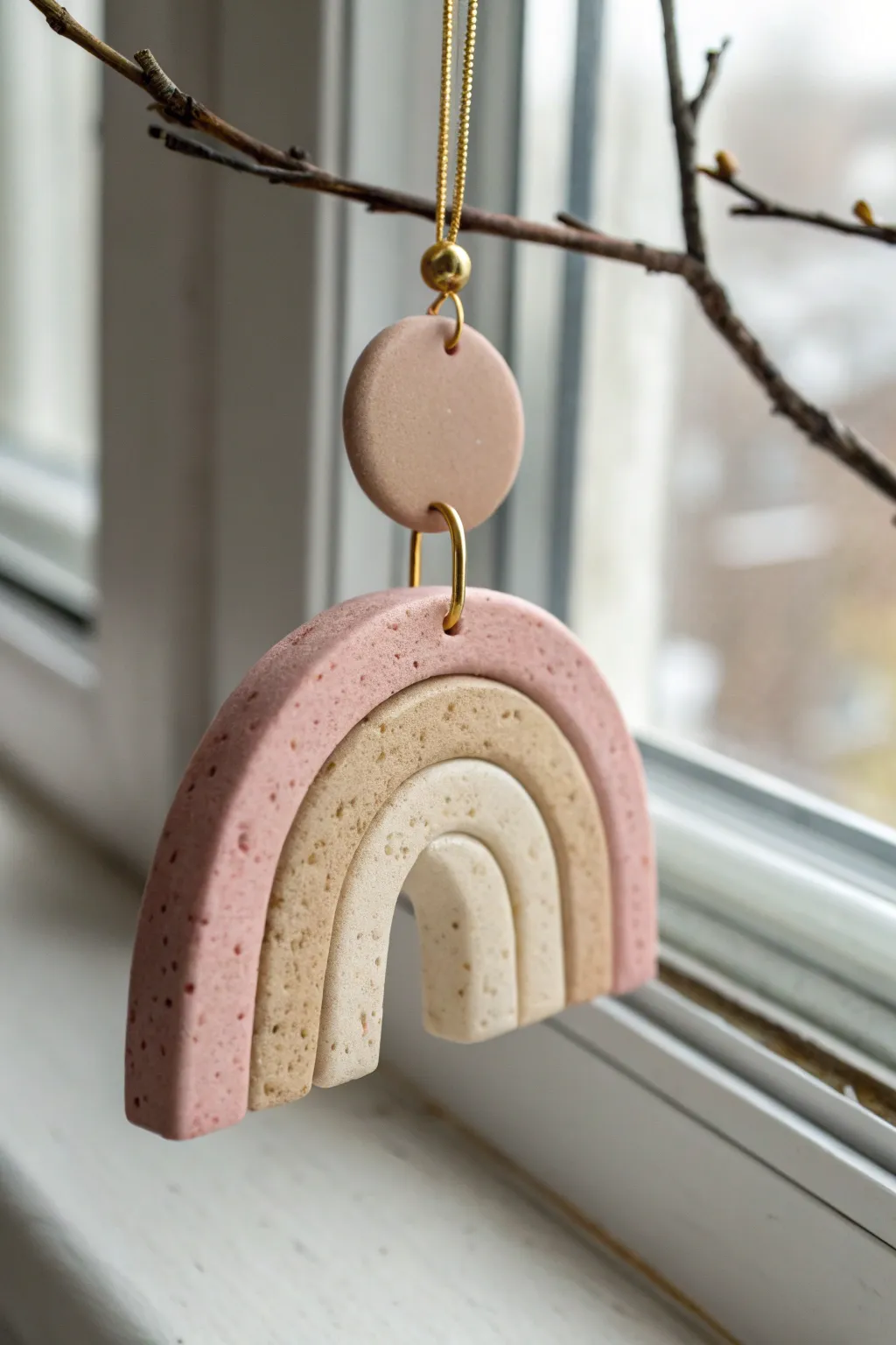Minimalist layered clay dangle pendant in blush and sand tones, softly swinging in light.