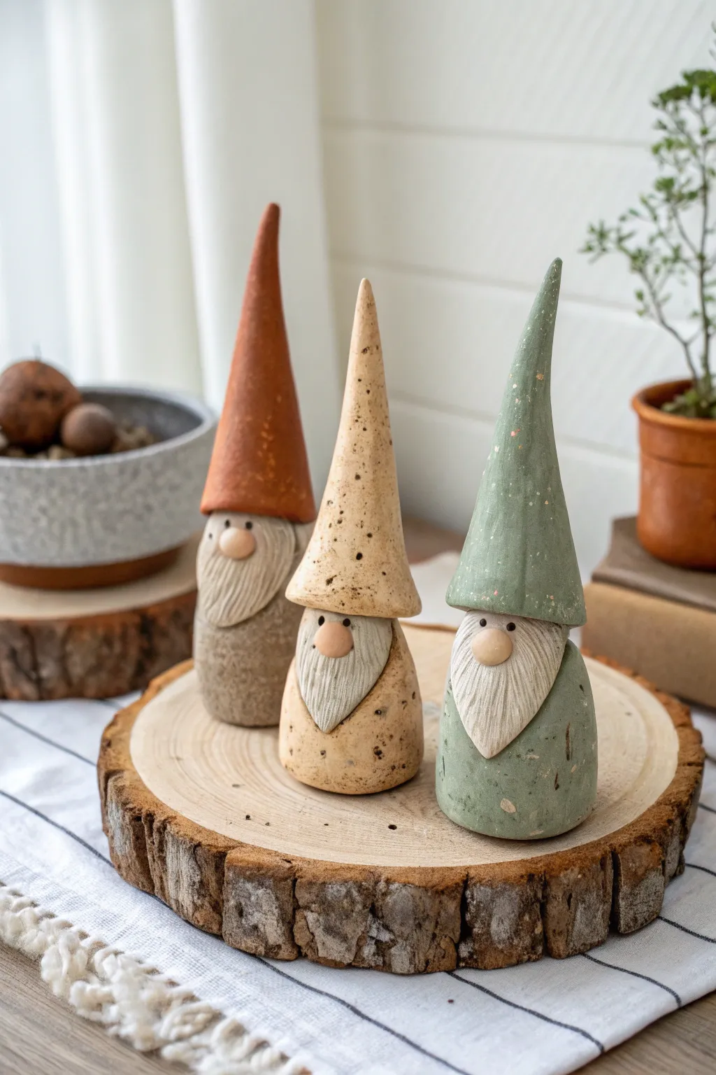Handmade clay gnome people with tall hats, earthy neutrals, Scandinavian minimal boho charm.