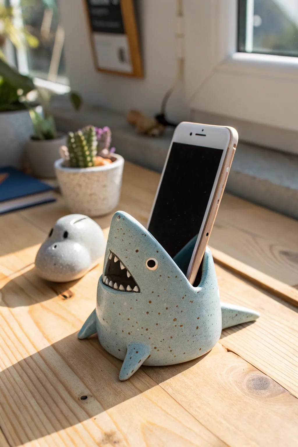 Playful shark-mouth clay phone holder, minimalist and cute, perfect for a calm boho desk.