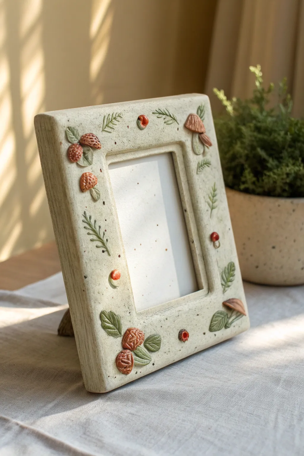 Whimsical clay photo frame with mushrooms and mossy corners, cozy forest cottage vibe.