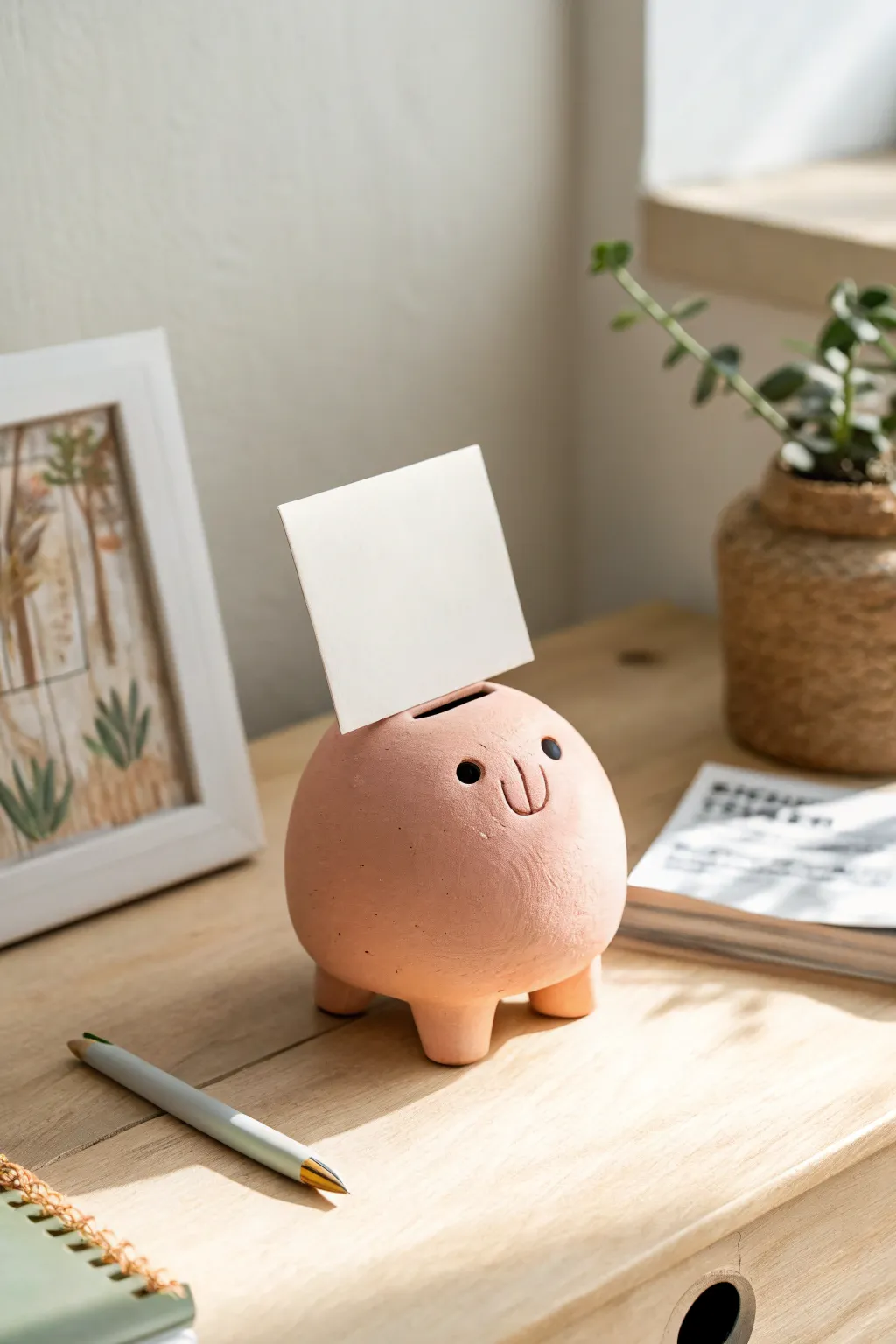 Sweet pastel blob character photo holder, minimalist and cheerful, perfect for your desk display