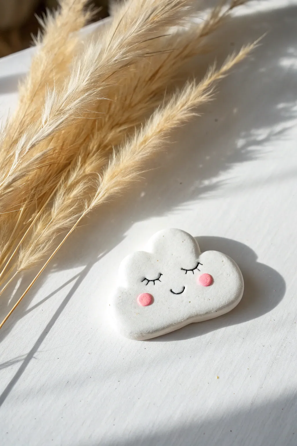 Puffy smiling cloud pin with tiny blush cheeks, styled in airy minimalist Scandinavian calm.