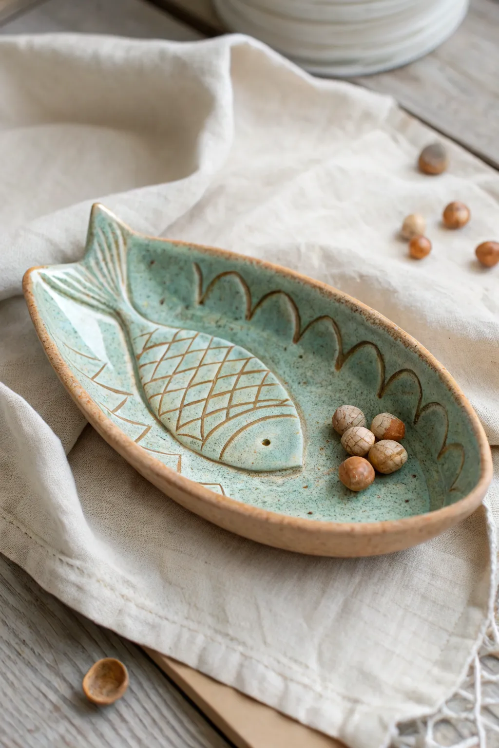 Scaled fish pinch pot dish with soft blended glaze, a simple sea-inspired catchall for tiny treasures.