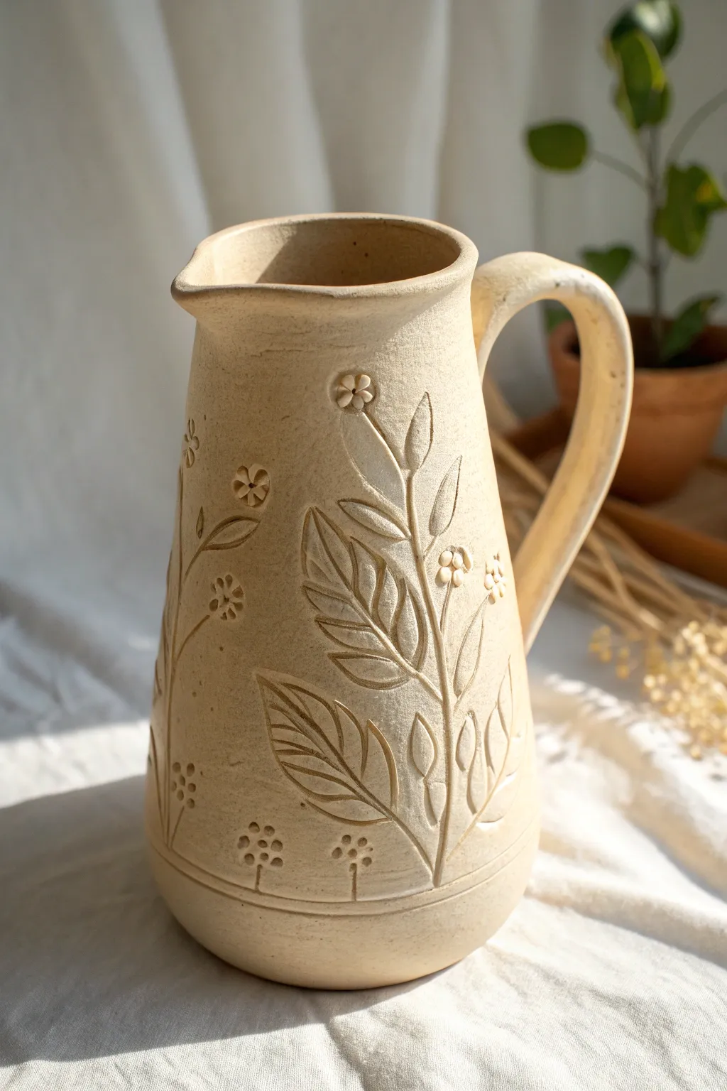 Soft handmade pitcher with leafy appliqués, minimalist boho charm for a fresh clay garden look.