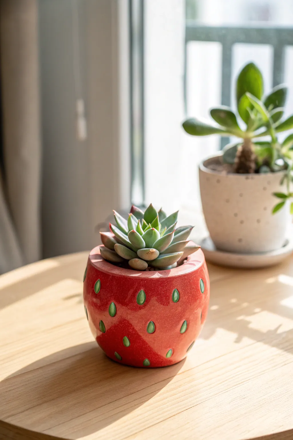 A sweet strawberry-shaped clay pot with a tiny succulent, minimal styling and sunny contrast.