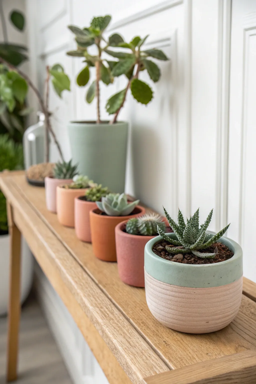 Matching mini clay desk planters in soft earthy tones, each with a tiny succulent.