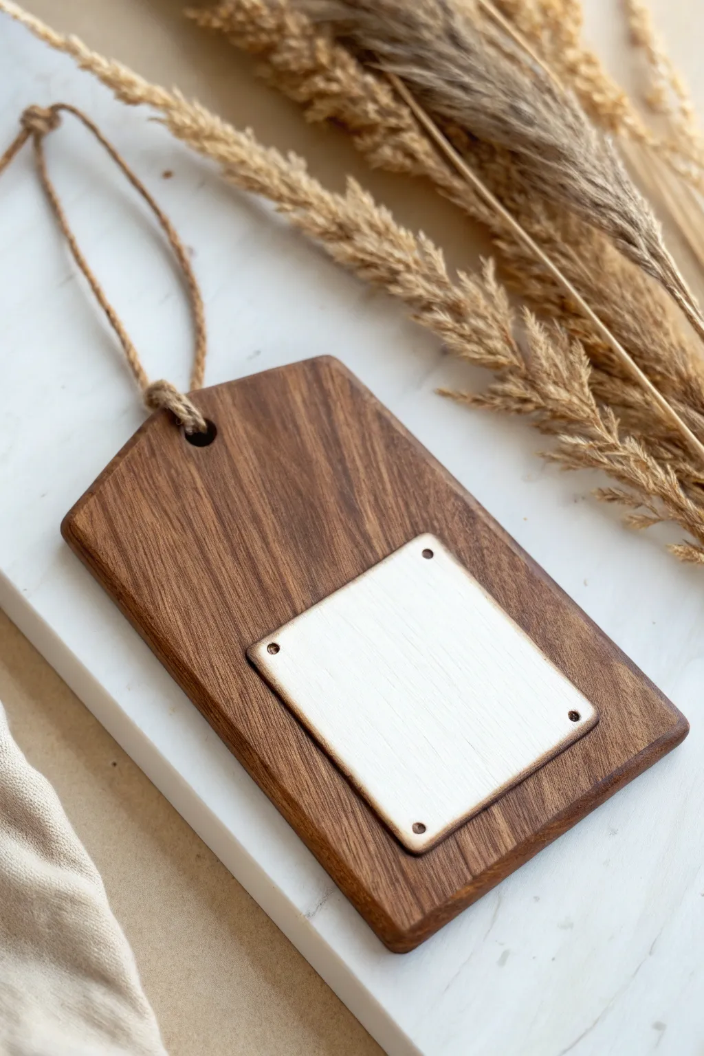 Faux woodgrain clay sign plaque in warm brown tones, minimalist boho styling with crisp contrast