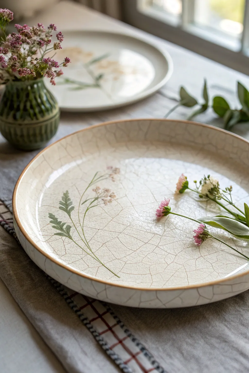 Subtle crackle glaze with soft wildflowers for a calm, feminine plate design inspiration.