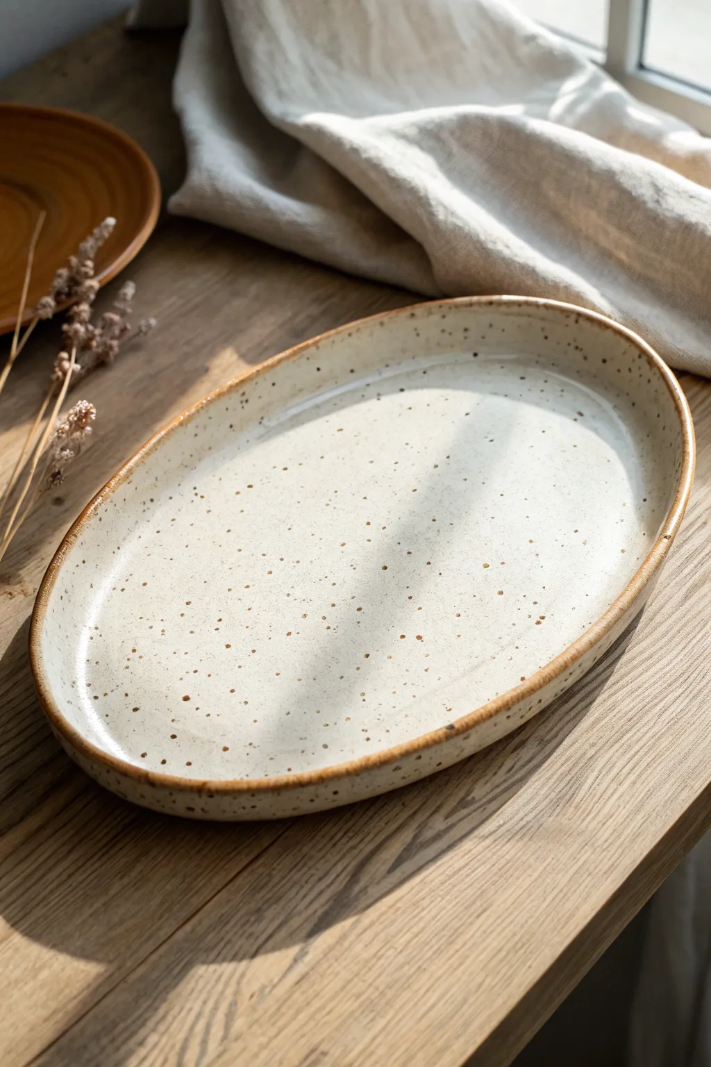 Creamy speckled clay platter styled with linen and light wood for a warm handmade look