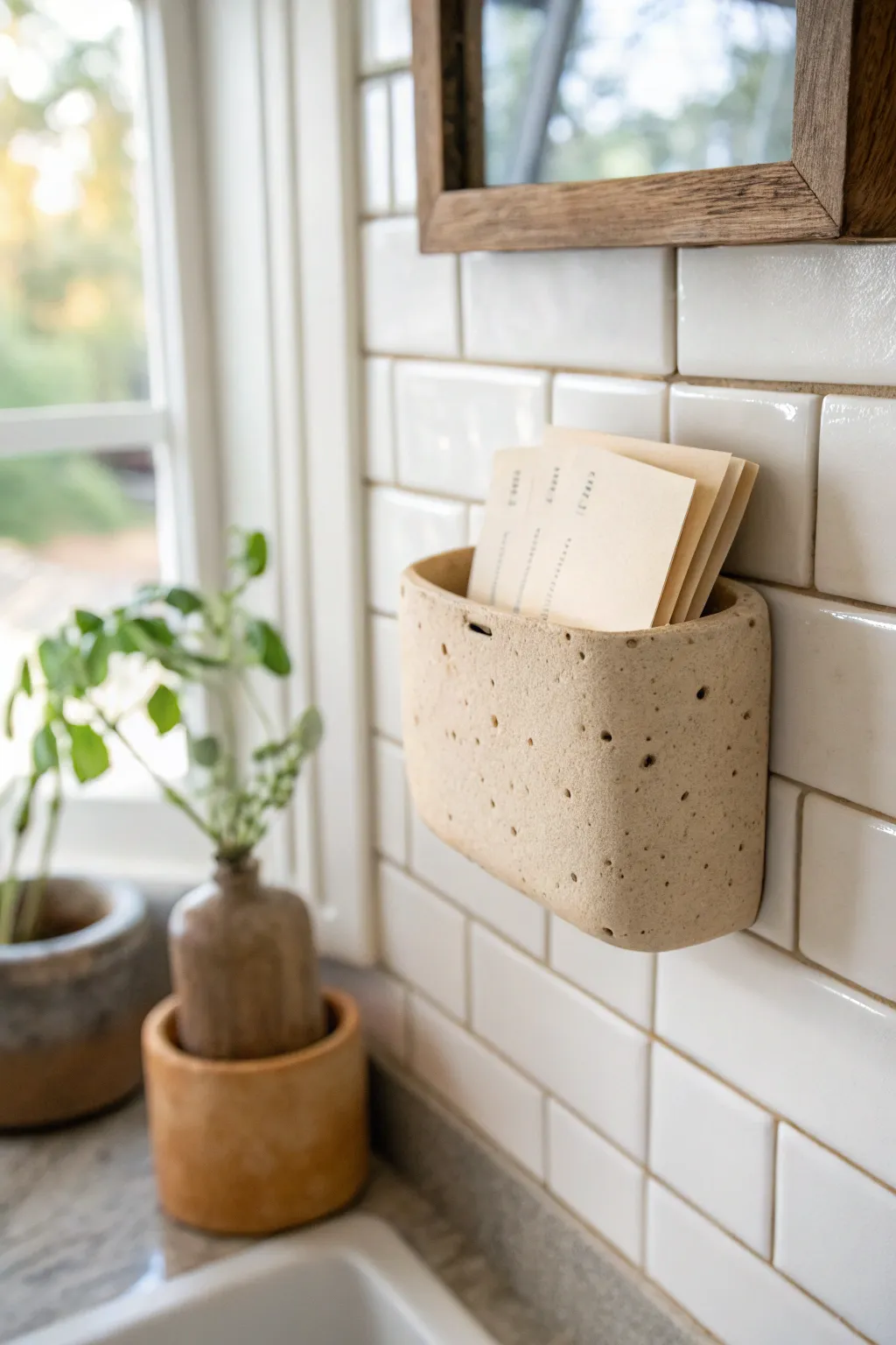 A simple clay kitchen pocket keeps recipe cards tidy while adding warm, handmade charm