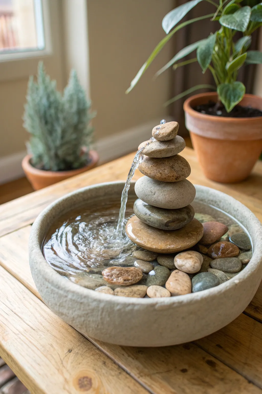 Tiered clay waterfall pond with stacked rock forms and a glossy stream into a calm basin