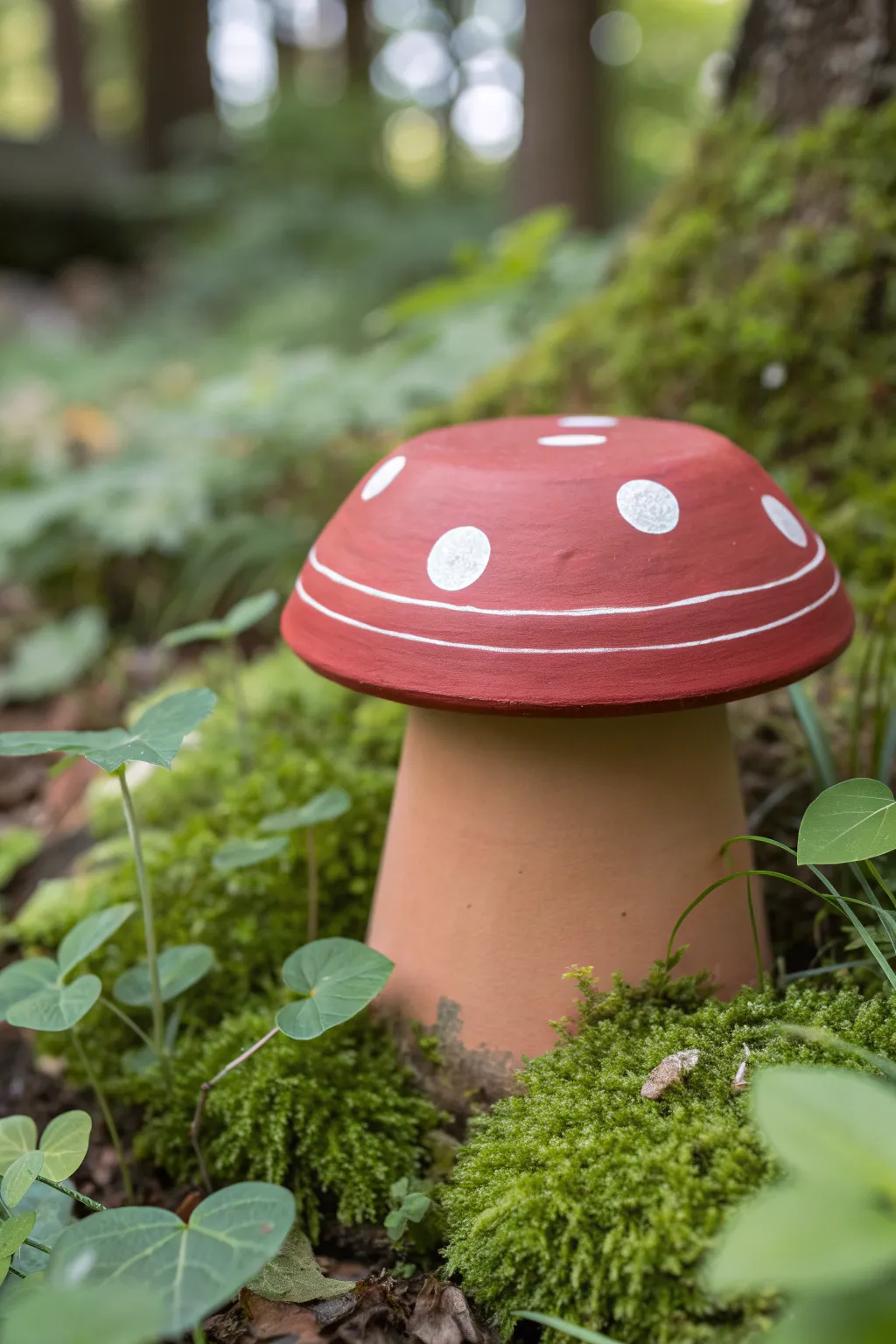 Storybook mushroom pot in red and white, nestled in greenery for a charming garden moment