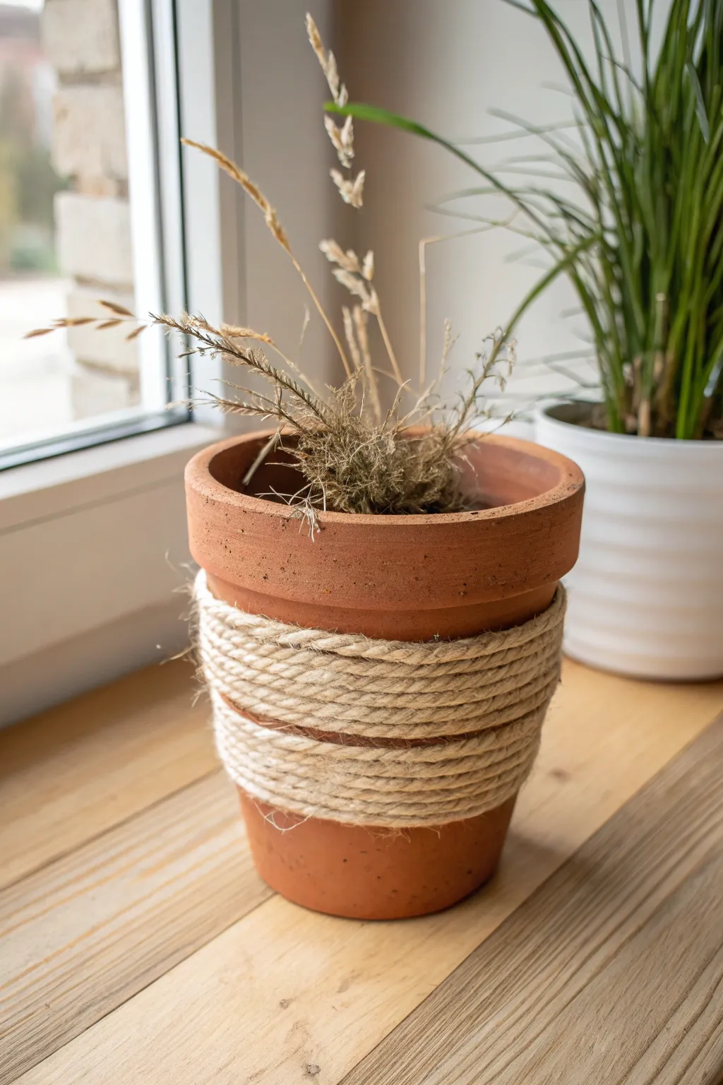 Rustic twine bands add cozy texture to a simple clay pot for an effortless earthy look
