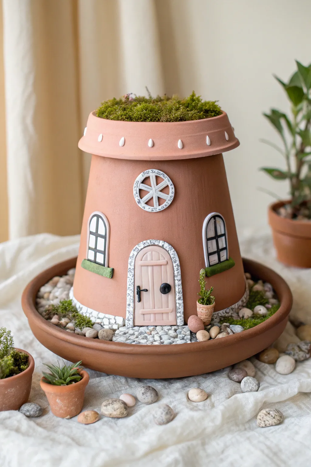 Mini clay pot fairy house planter with saucer roof, moss and stones in a calm Nordic style