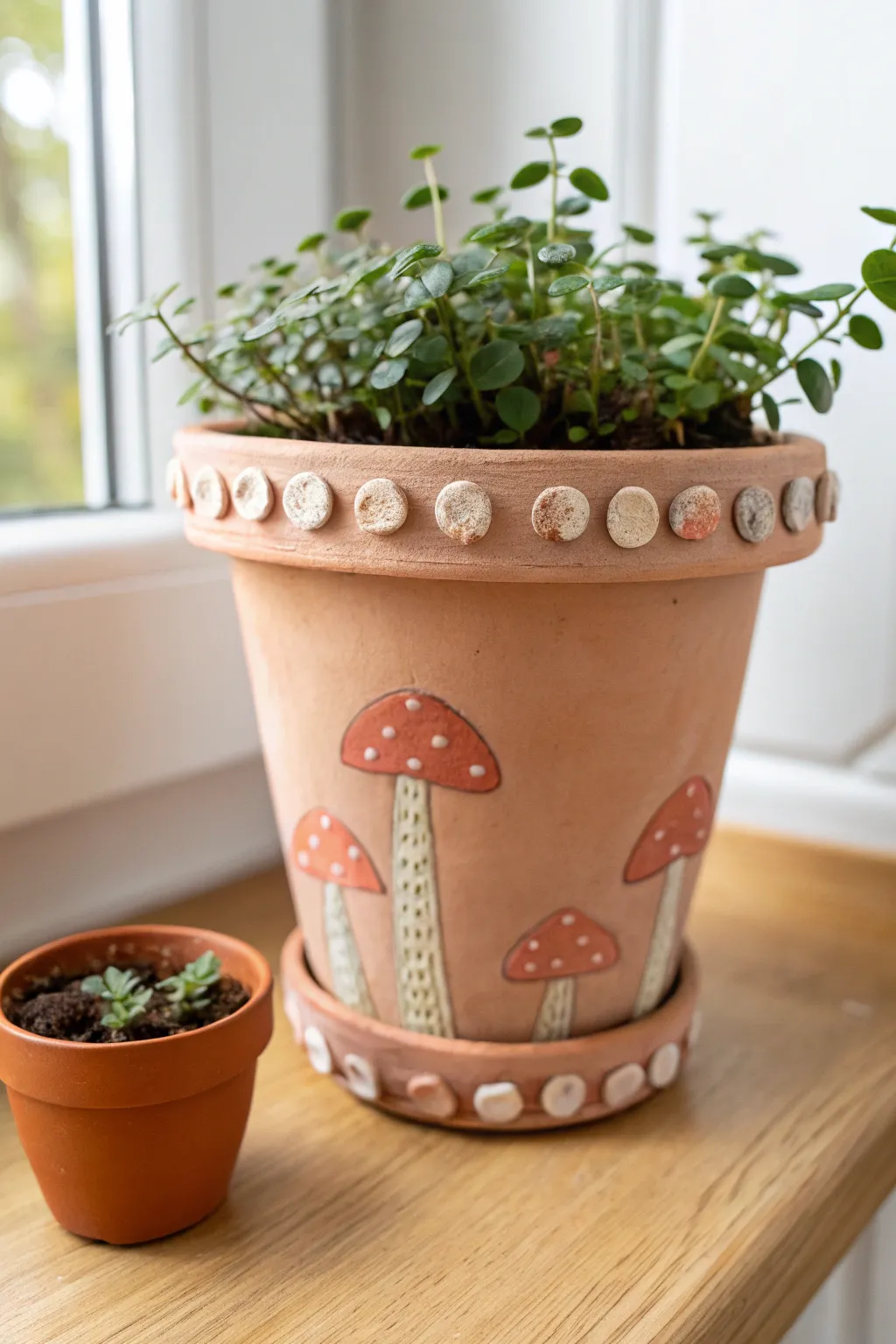 Terracotta pot with mini mushroom rim details, soft pastel pops, and a cute compact plant.