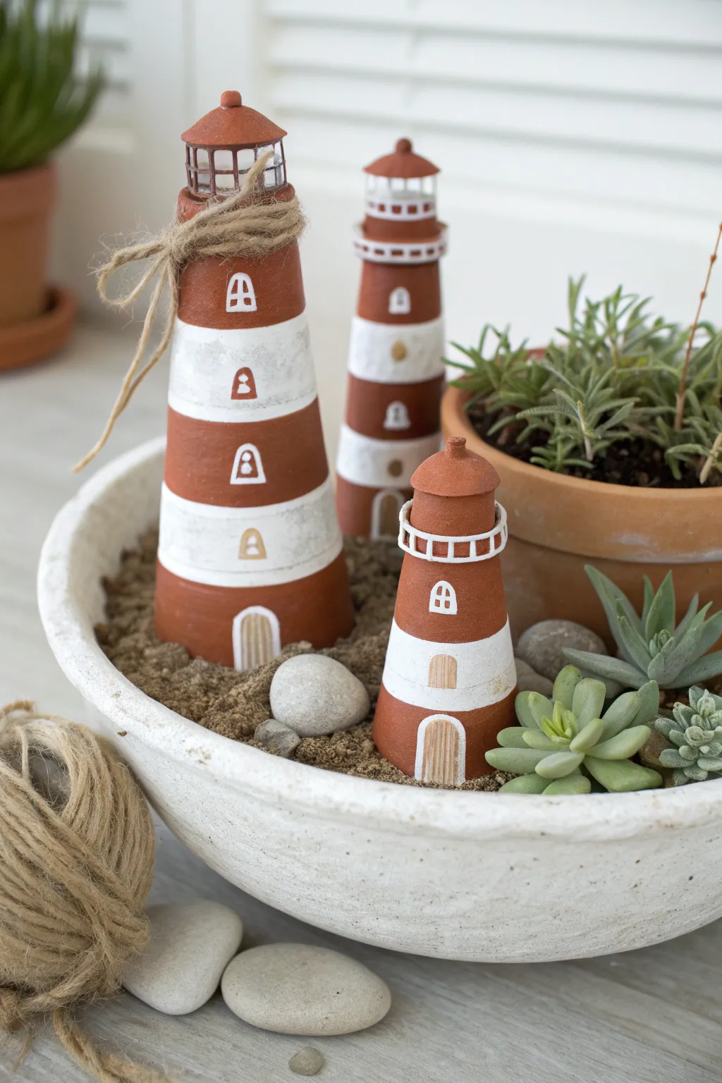 Mini clay pot lighthouse trio nestled in a planter, a cozy coastal accent for small gardens