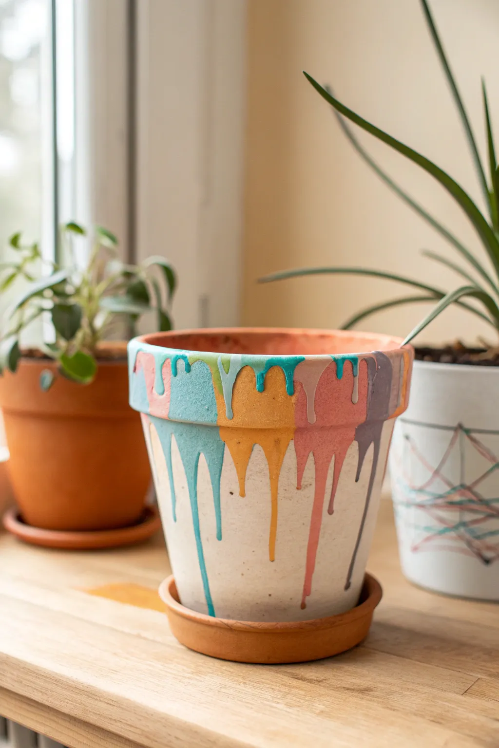 Drip-and-pour messy magic pot with bright rainbow drips on a clean minimalist backdrop