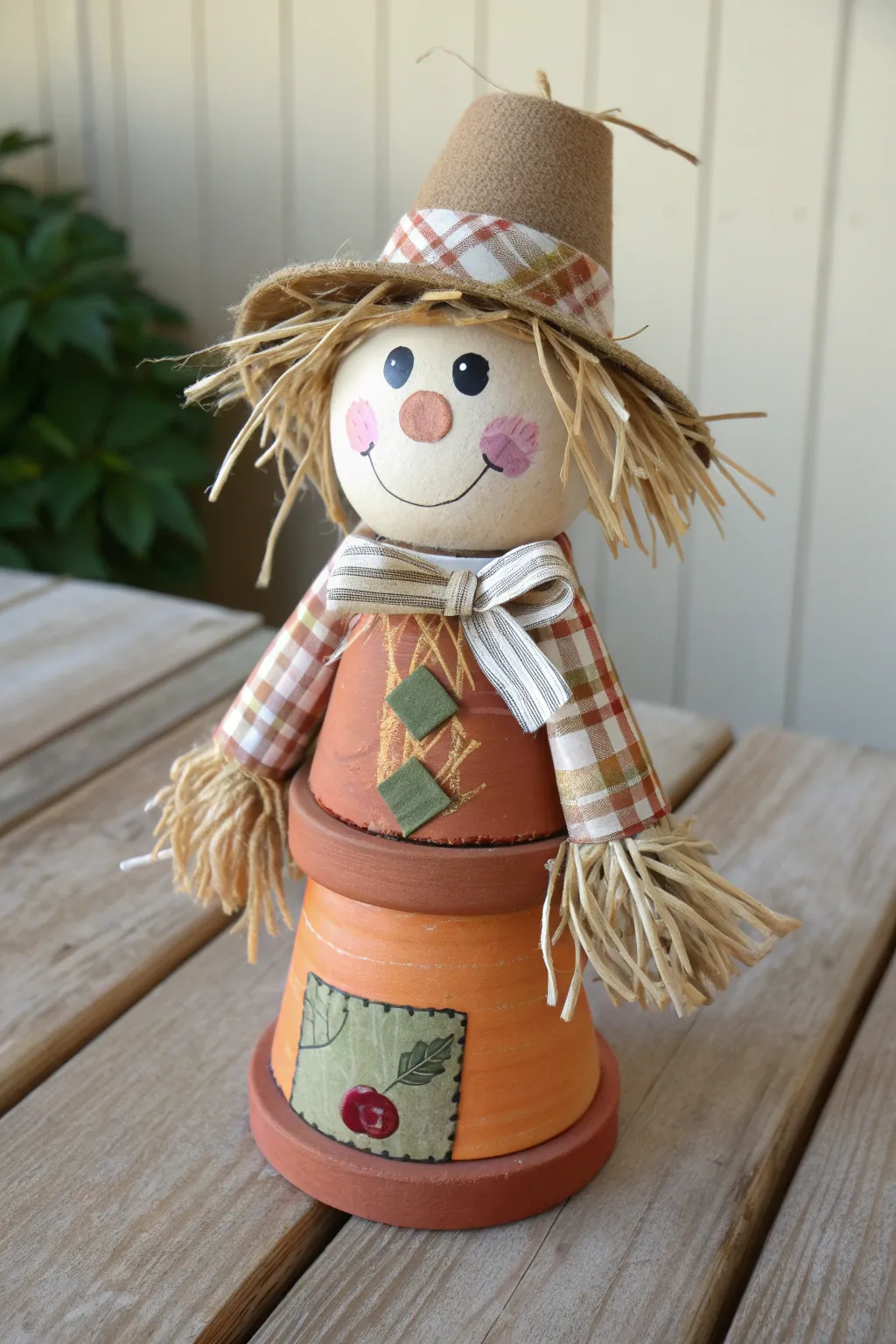 Fall-ready scarecrow clay pot person with raffia hair and patchwork charm, styled with mums