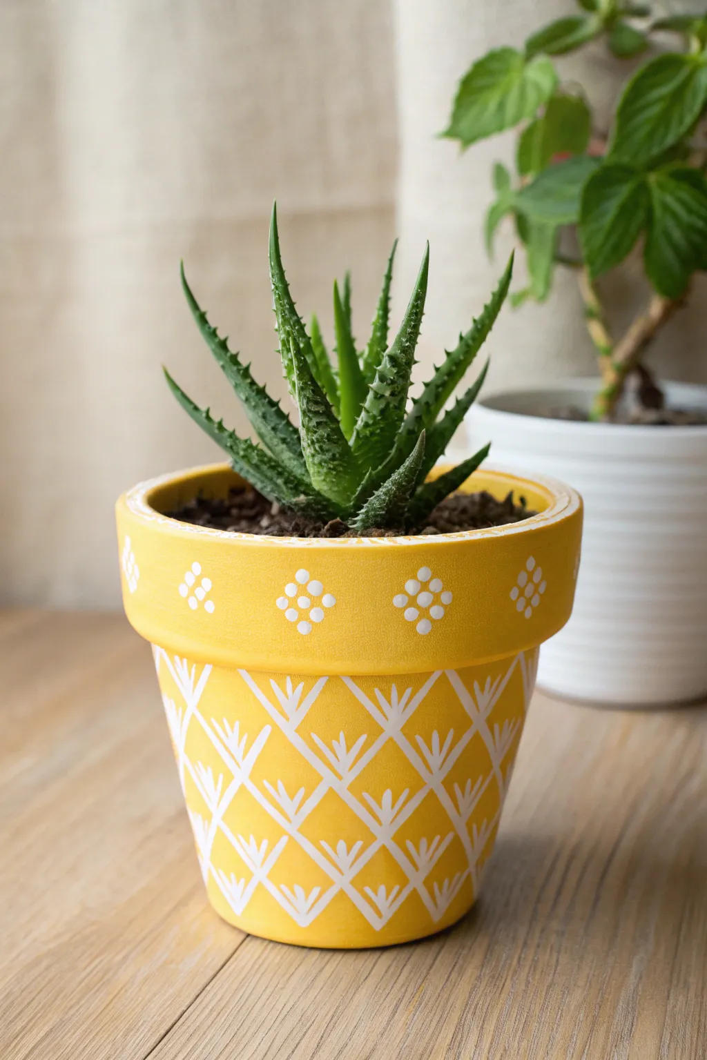 Pineapple-inspired painted terracotta planter with spiky succulent, sunny and minimalist.