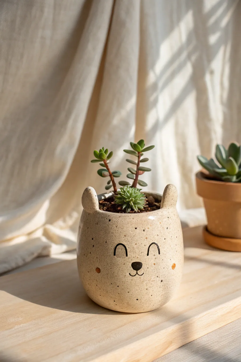 Beginner-friendly pinch pot planter: a sweet little animal with a fresh green sprout.