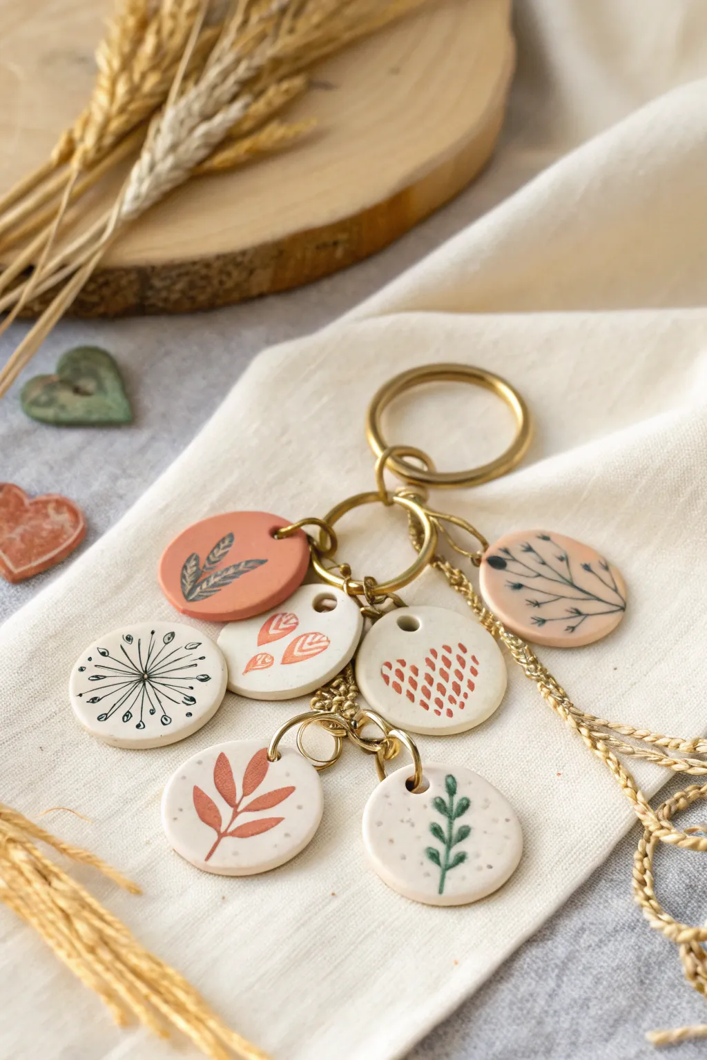 Easy clay charms with stamped details and soft paint accents for keychains and necklaces