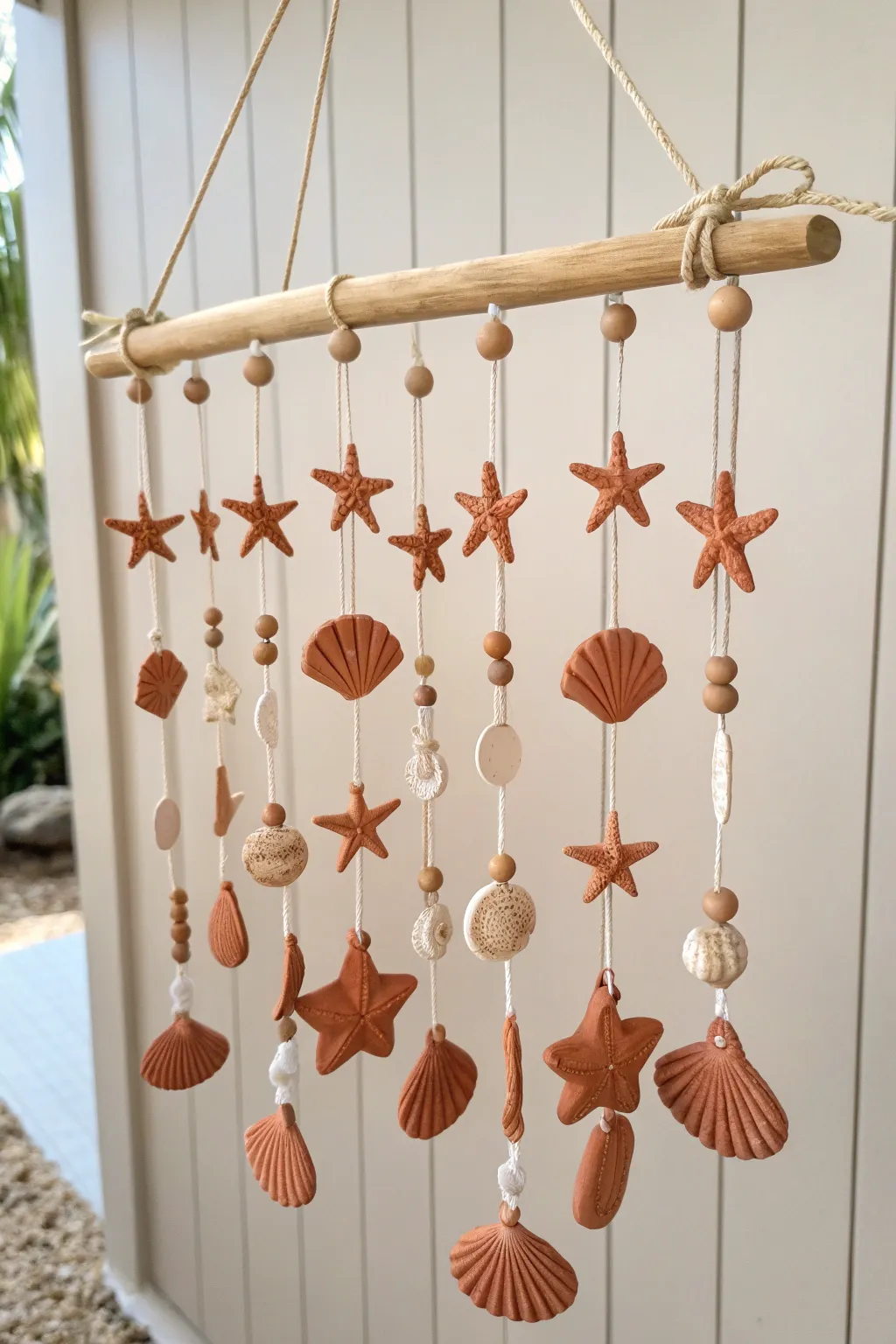 Simple ocean clay charms mobile with sea stars, shells, and fish in calm Nordic style