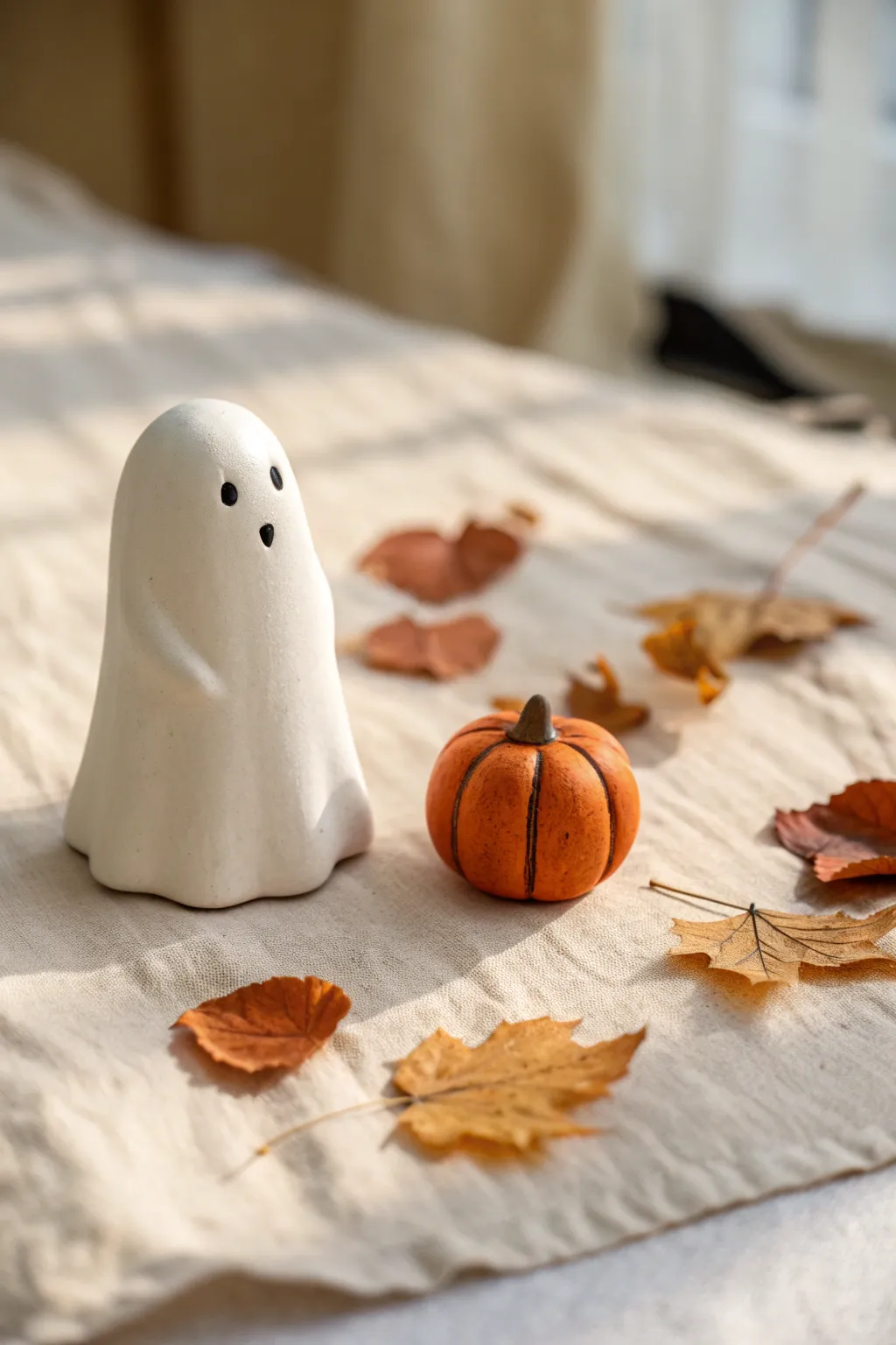 Matte clay ghost holding a tiny pumpkin, minimalist and cozy with soft autumn neutrals