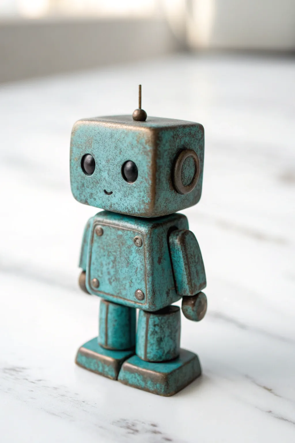 Simple clay robot with copper bronze base and turquoise patina finish on a crisp white backdrop