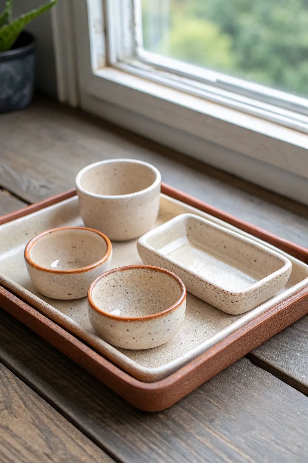 Modular clay rolling tray with nesting dishes for a tidy, minimalist rolling station setup.