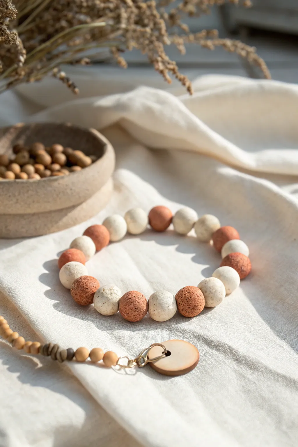 Simple clay bead charms and a finished bracelet on linen, a beginner-friendly jewelry idea
