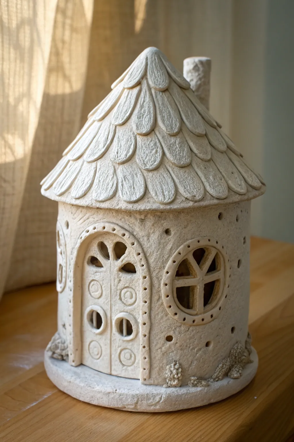 Chunky slab fairy house with simple windows and textured roof, perfect for middle school clay.