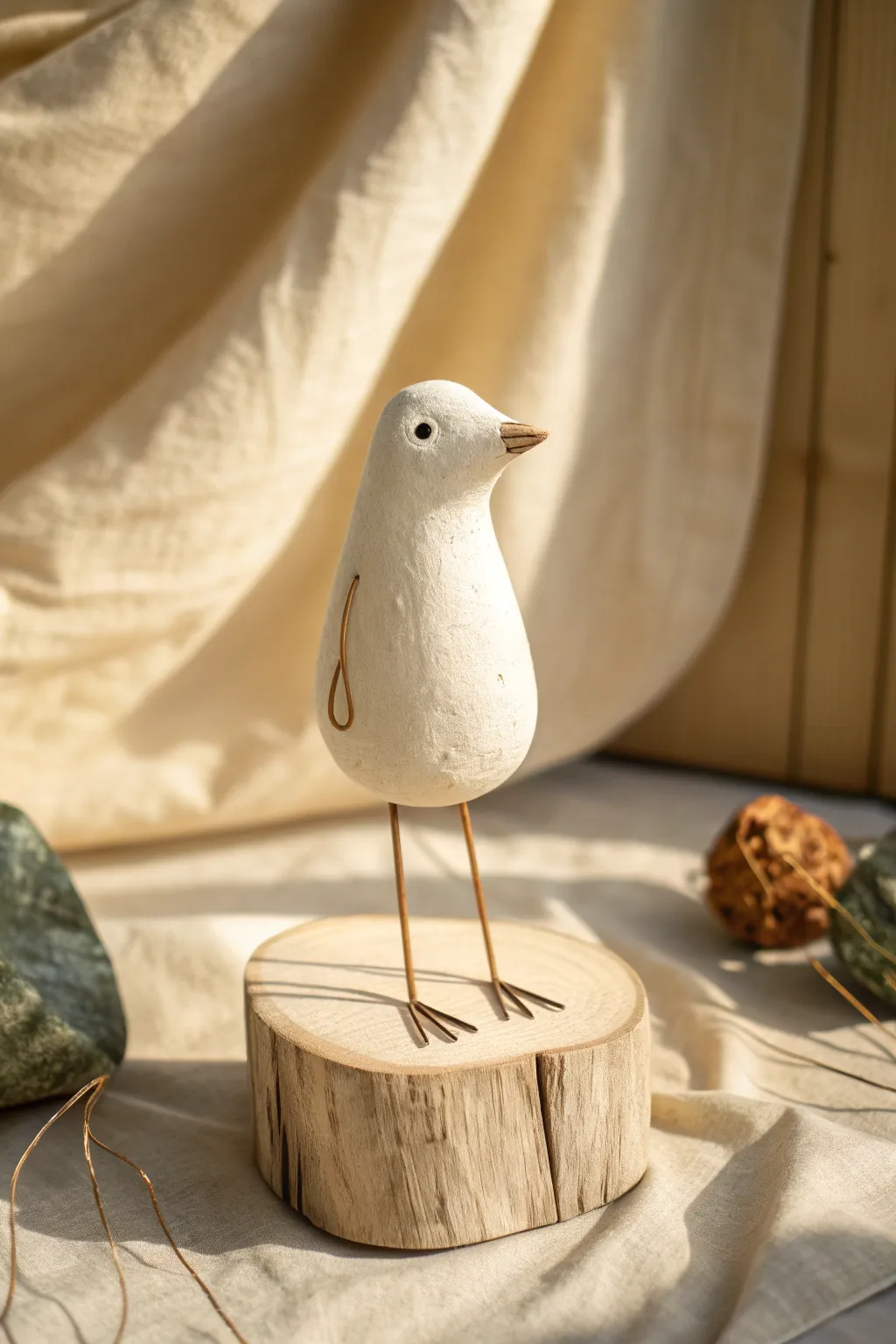 Quirky clay creature with delicate wire legs, minimalist boho decor inspiration for beginners.