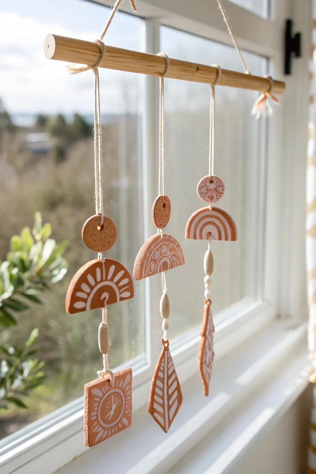 Minimal clay suncatcher charm set in warm light, soft boho patterns, dreamy window shadows