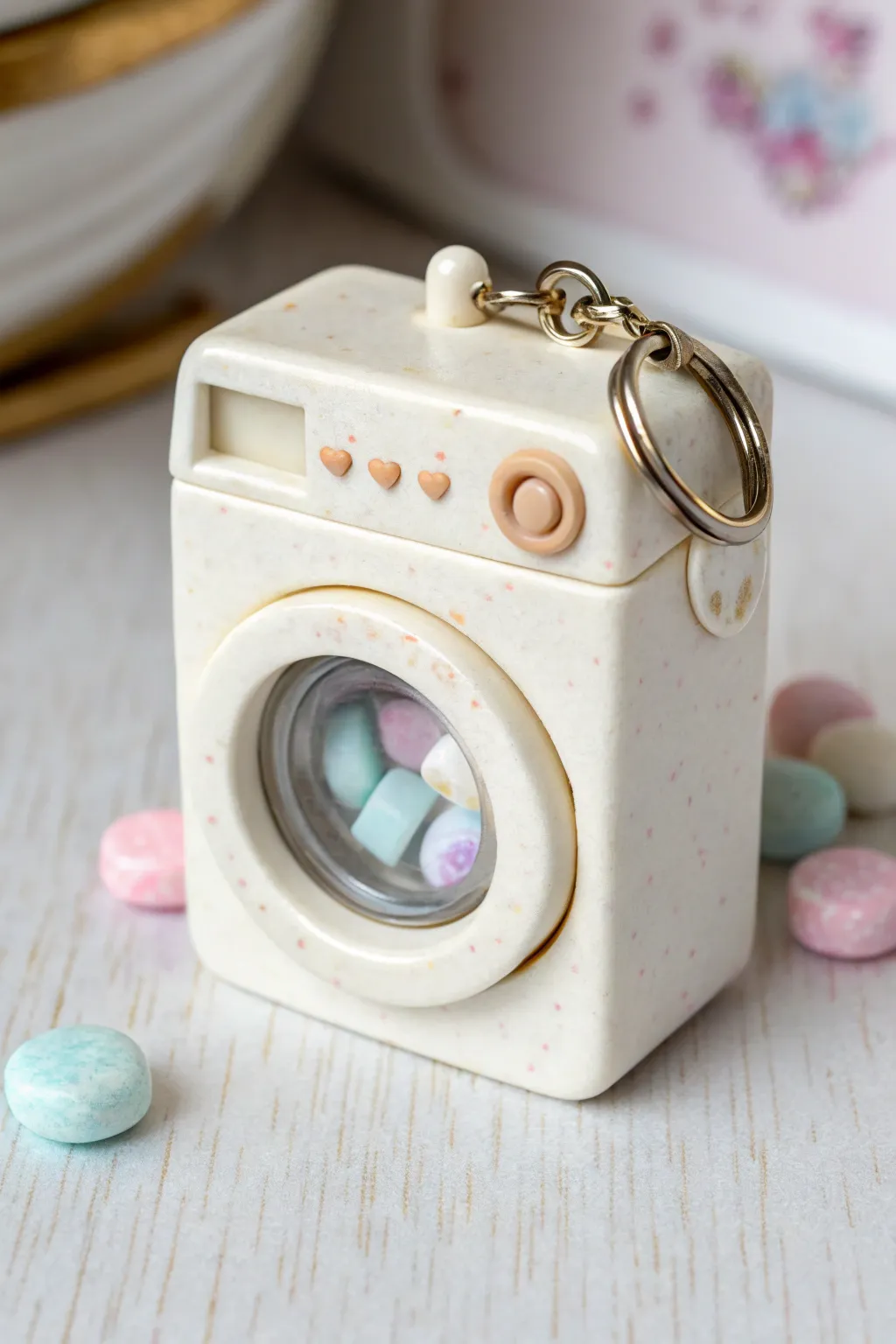 Sweet washing machine shaker charm with tiny socks and bubbly beads, minimalist boho delight.