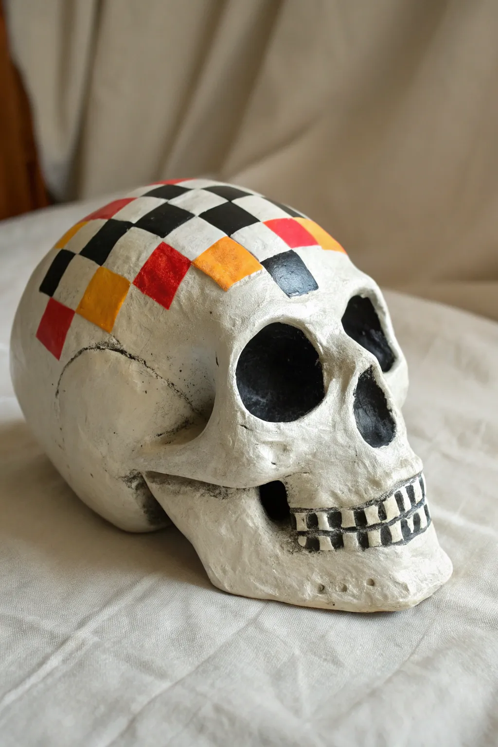 Pop art clay skull with bold checkerboard detail and bright color pops on a clean backdrop