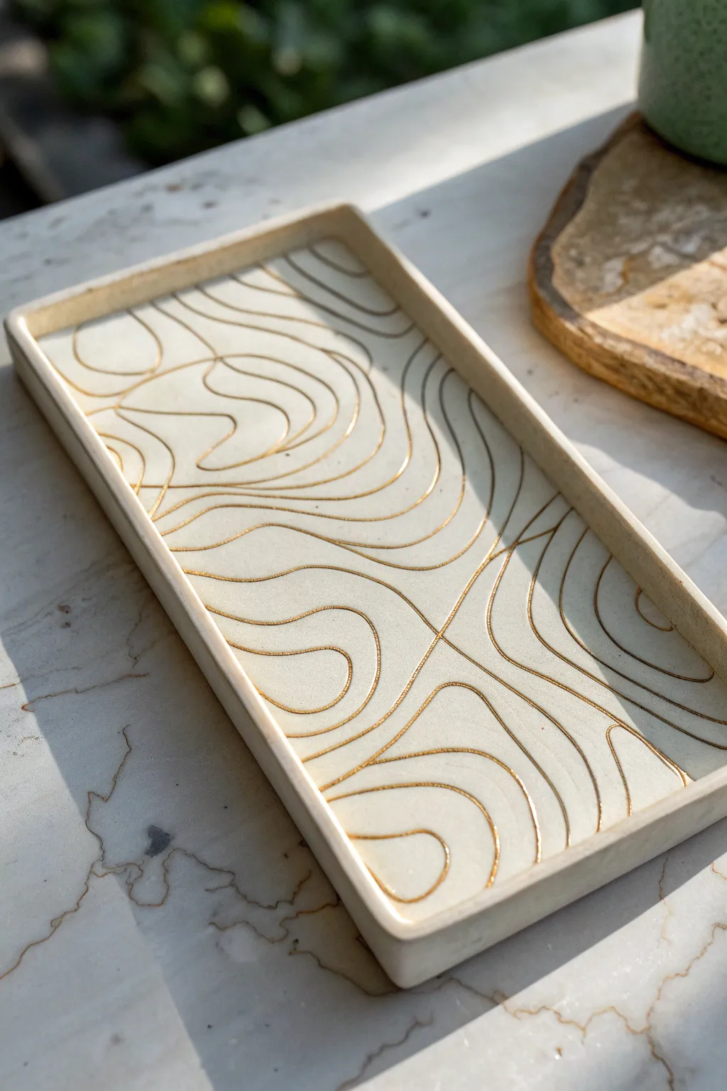 Carved topography slab landscape with soft glaze pools, minimal and calming wall art.