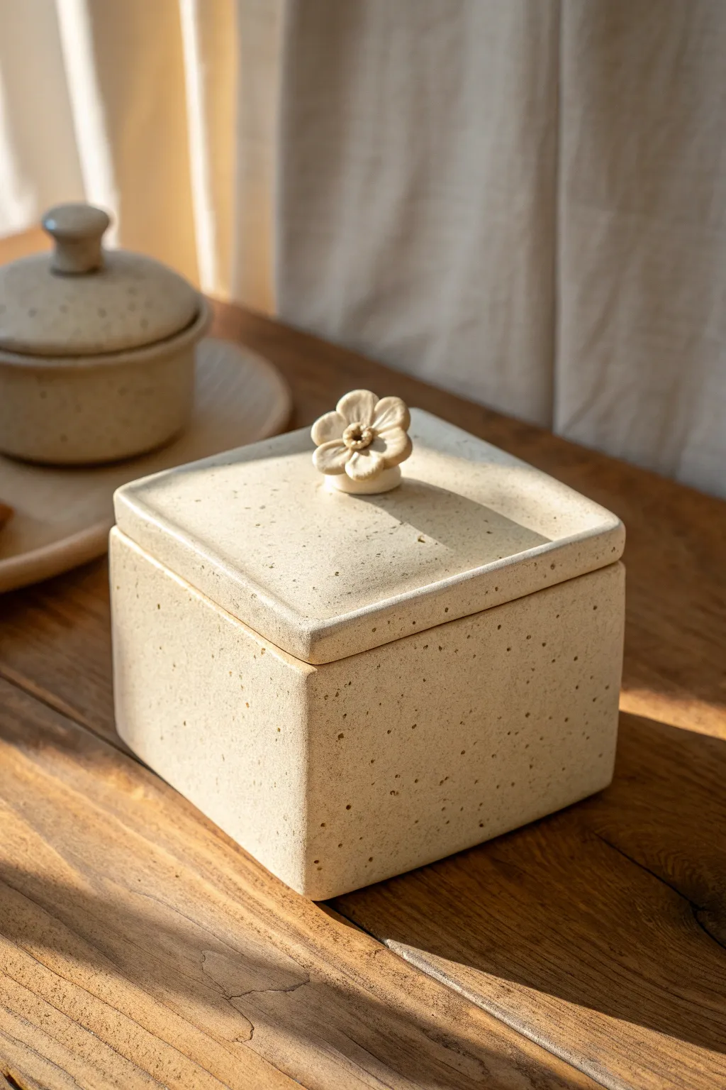 Sculptural flower knob lid on a minimalist slab box, simple to make and Pinterest ready