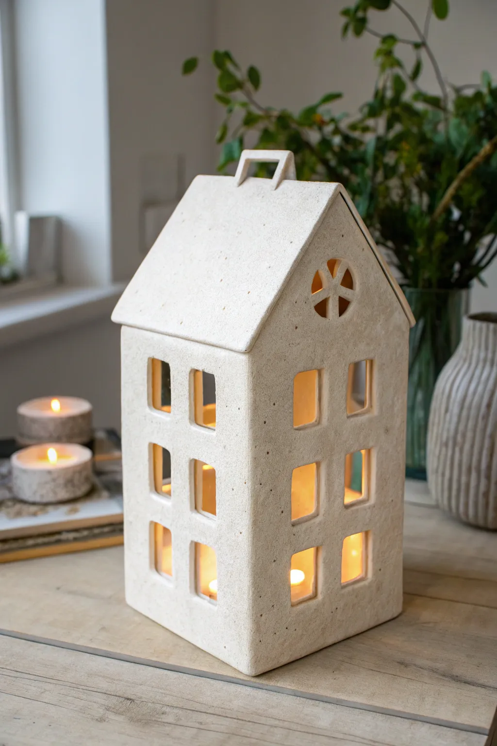 Removable roof slab house lantern with big windows, minimalist clay charm, warm cozy glow.