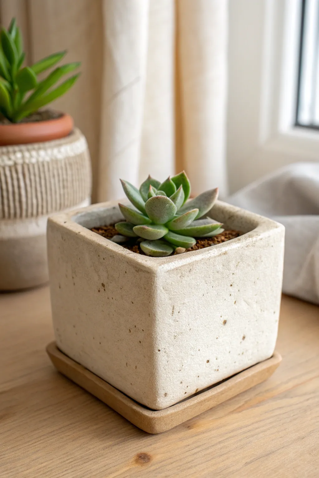 Beginner-friendly square slab planter: clean box shape, soft corners, and a tiny succulent