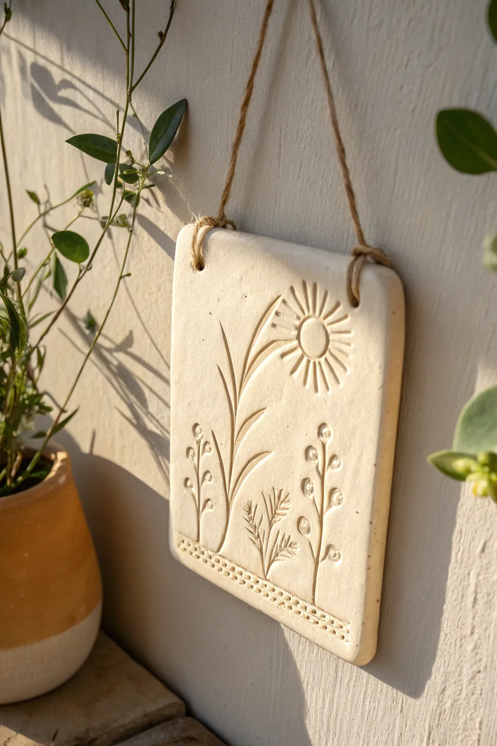 Minimal carved ceramic slab wall hanging in matte ivory, softly lit for clean modern contrast