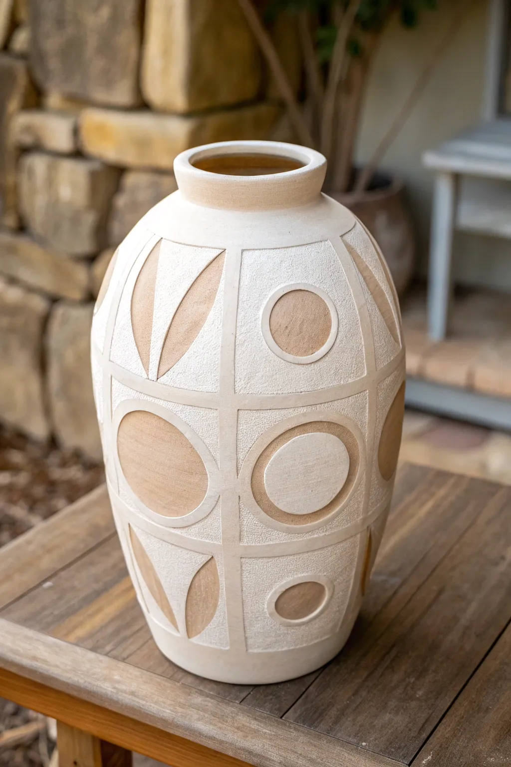 Minimalist slab vase with geometric cutouts and a contrasting inner liner, calm modern boho style.