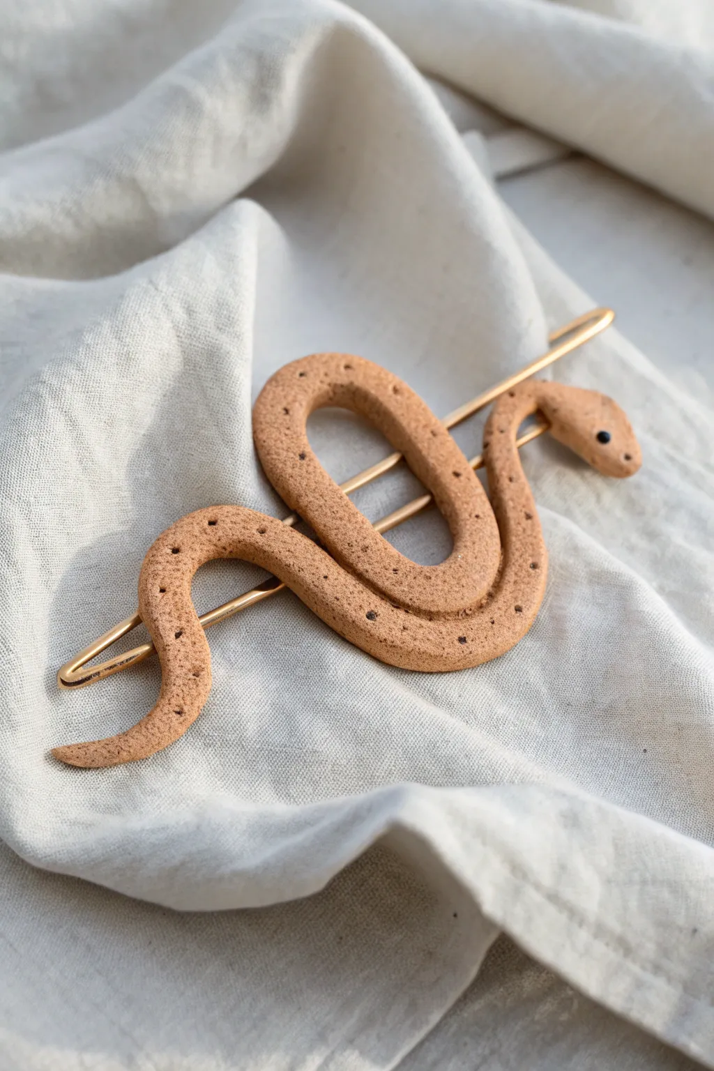 Minimal clay snake barrette topper on linen, a simple boho accent with Scandinavian calm.