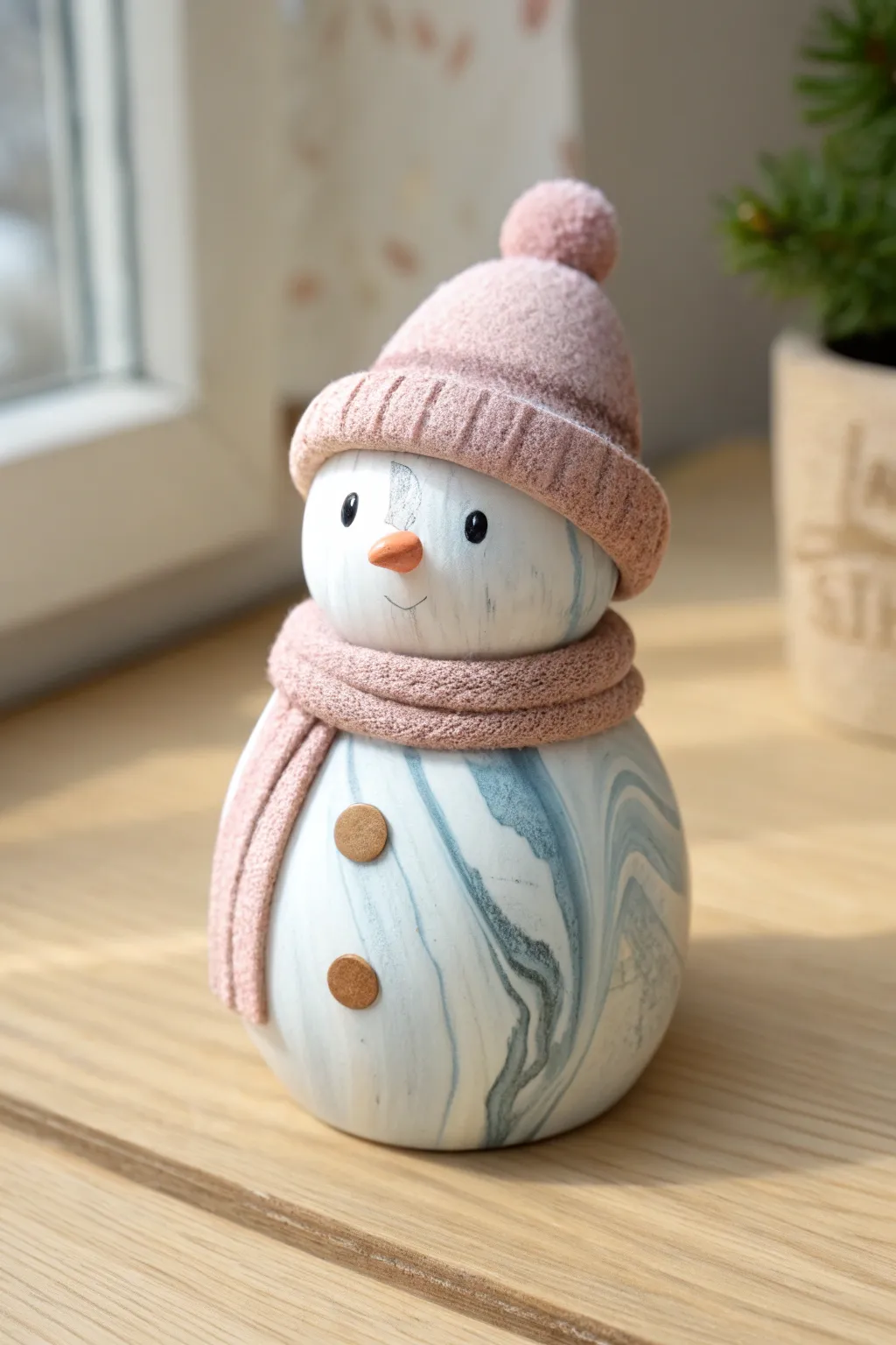 Marbled clay snowman with soft blue-gray swirls and a simple scarf in bright natural light